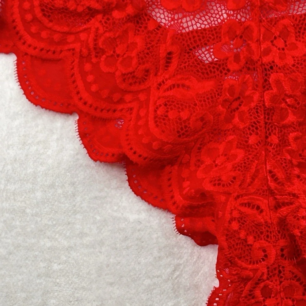Floral Lace Halter Bodysuit‎ Plunging Neckline Low Back Adjustable Red M - Picture 6 of 14